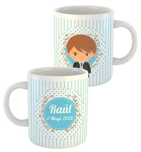 TAZA COMUNIÓN LISTAS AZULES