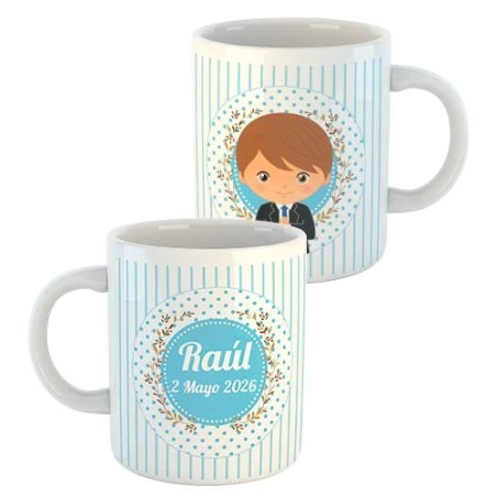 TAZA COMUNIÓN LISTAS AZULES