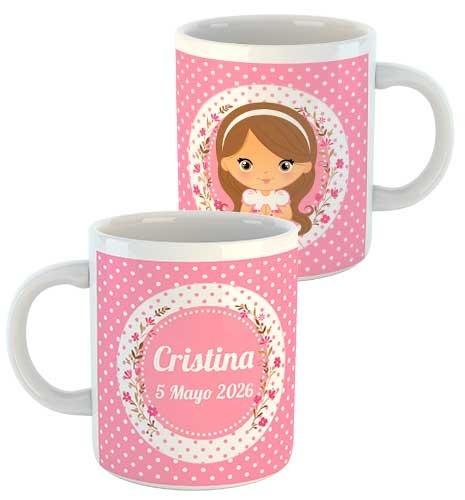 TAZA COMUNIÓN PUNTOS ROSAS