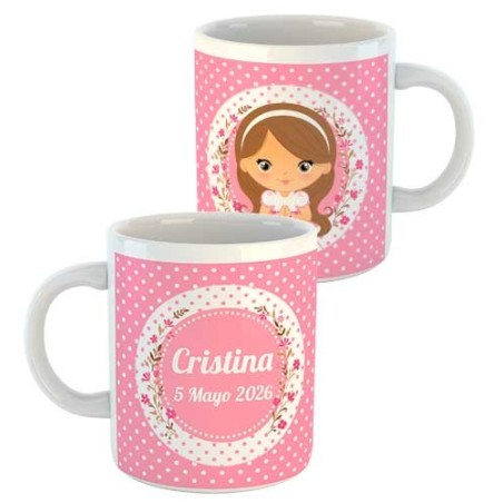 TAZA COMUNIÓN PUNTOS ROSAS