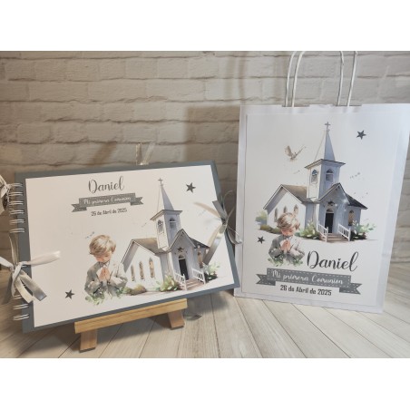LIBRO DE FIRMAS PERSONALIZADO NIÑO IGLESIA GRISES