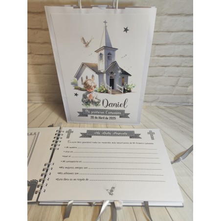 LIBRO DE FIRMAS PERSONALIZADO NIÑO IGLESIA GRISES
