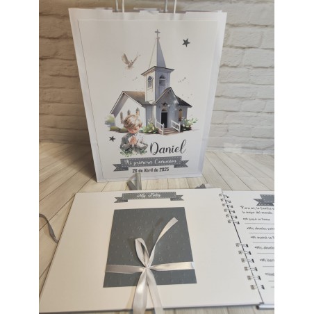 LIBRO DE FIRMAS PERSONALIZADO NIÑO IGLESIA GRISES