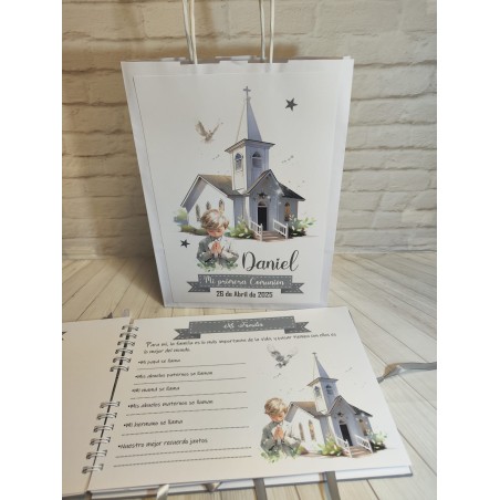 LIBRO DE FIRMAS PERSONALIZADO NIÑO IGLESIA GRISES