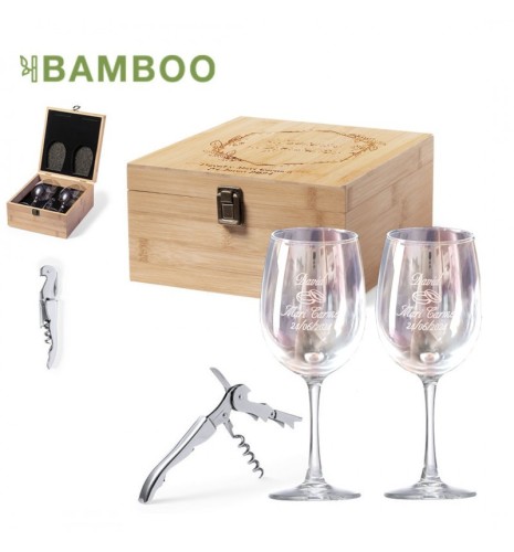 ESTUCHE VINO GRABADO CON COPAS GRABADO PERSONALIZABLE