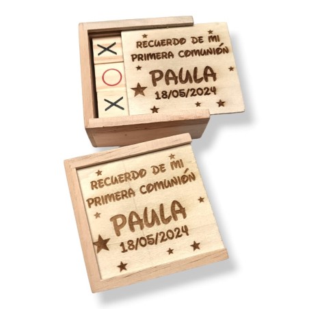 JUEGO 3 EN RAYA DE MADERA GRABADO COMUNIÓN CON NOMBRE Y FECHA