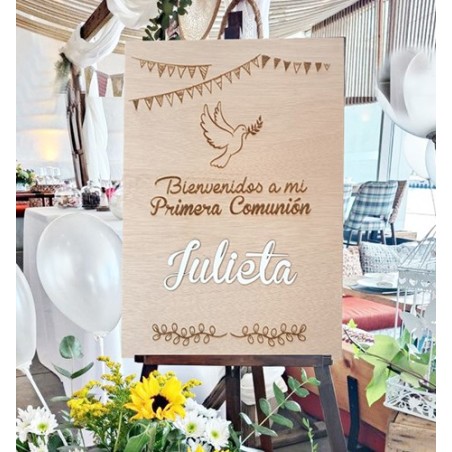 CARTEL BIENVENIDOS A MI PRIMERA COMUNIÓN PERSONALIZADO EN BLANCO