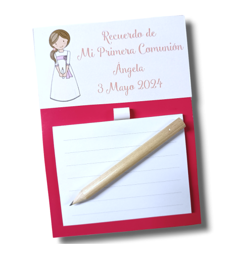 LIBRETA IMANTADA CON PEGATINA PERSONALIZADA COMUNIÓN NIÑA ROSA