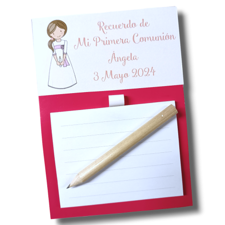 LIBRETA IMANTADA CON PEGATINA PERSONALIZADA COMUNIÓN NIÑA ROSA