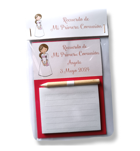 LIBRETA IMANTADA CON PEGATINA PERSONALIZADA COMUNIÓN NIÑA ROSA DECORADA