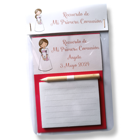 LIBRETA IMANTADA CON PEGATINA PERSONALIZADA COMUNIÓN NIÑA ROSA DECORADA