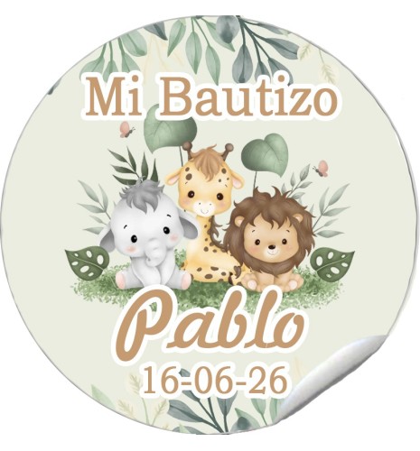 PEGATINA REDONDA BAUTIZO ANIMALITOS