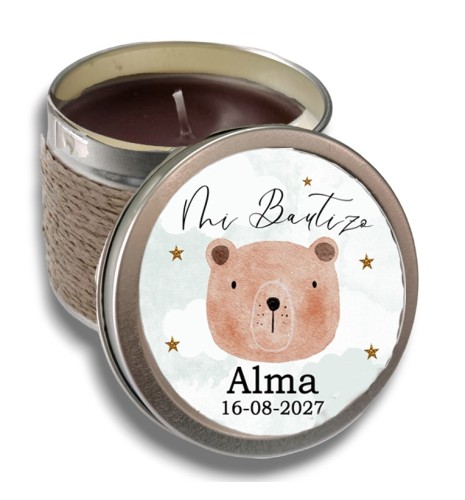 VELA AROMA CHOCOLATE CON PEGATINA BAUTIZO OSITO