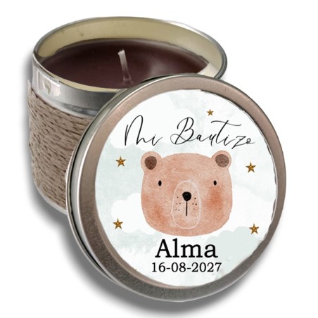 VELA AROMA CHOCOLATE CON PEGATINA BAUTIZO OSITO