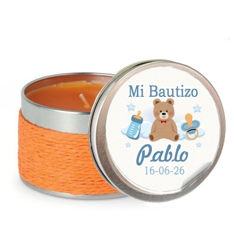 VELA AROMA NARANJA CON PEGATINA BAUTIZO OSITO