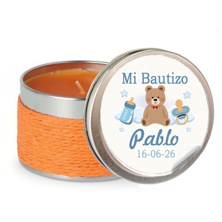 VELA AROMA NARANJA CON PEGATINA BAUTIZO OSITO