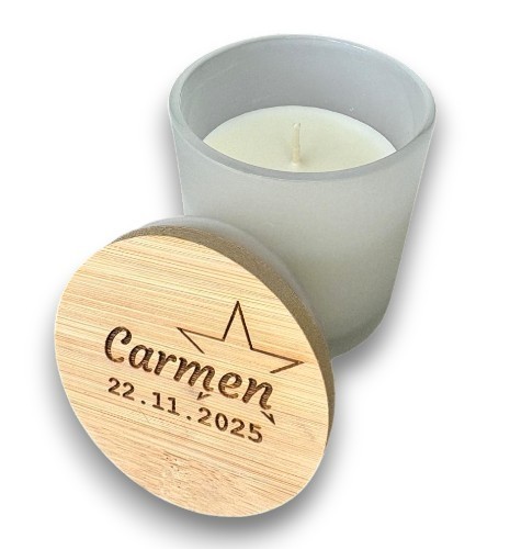 VELA AROMA VAINILLA CON TAPA MADERA GRABADA BAUTIZO, COMUNIÓN, BABY SHOWER
