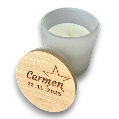 VELA AROMA VAINILLA CON TAPA MADERA GRABADA BAUTIZO, COMUNIÓN, BABY SHOWER