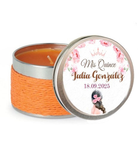 VELA AROMA NARANJA CON PEGATINA MIS 15 AÑOS