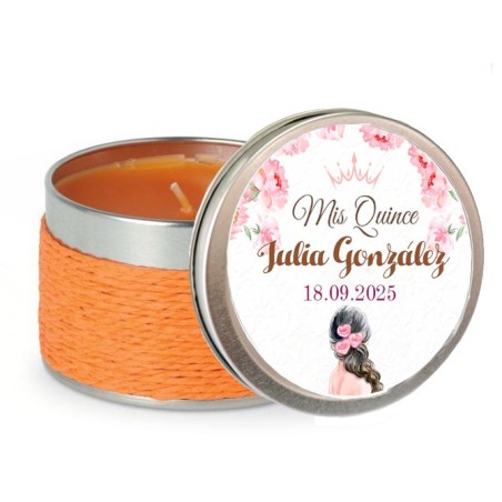 VELA AROMA NARANJA CON PEGATINA MIS 15 AÑOS
