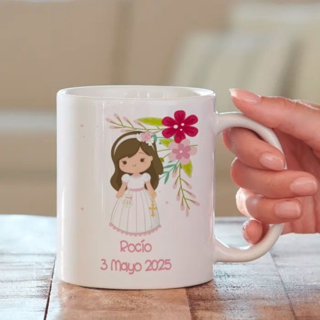 TAZA COMUNION NIÑA FLORAL