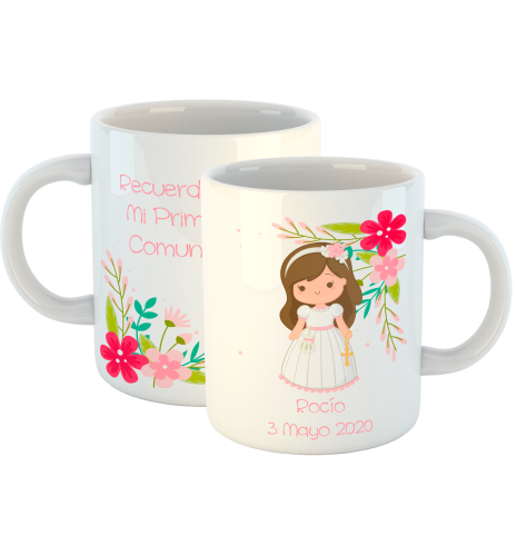 TAZA COMUNION NIÑA FLORAL