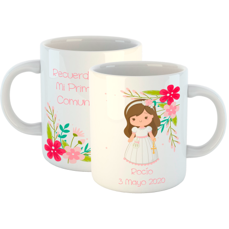 TAZA COMUNION NIÑA FLORAL