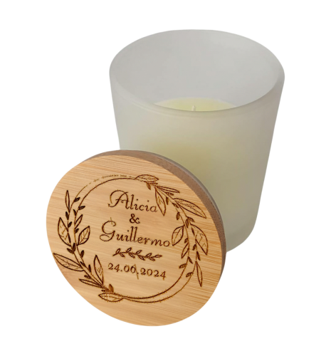 VELA AROMA VAINILLA CON TAPA MADERA GRABADA BODA RAMAS