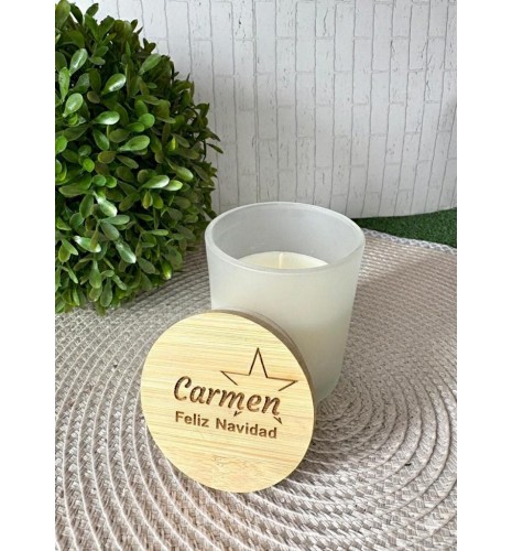VELA AROMA VAINILLA CON TAPA MADERA GRABADA NAVIDAD ESTRELLA