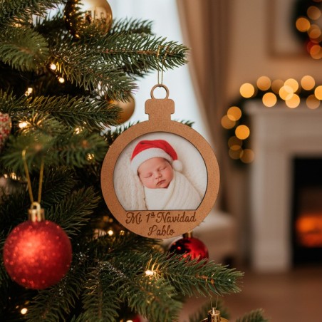 BOLA NAVIDAD MADERA NATURAL  PERSONALIZADA FOTO