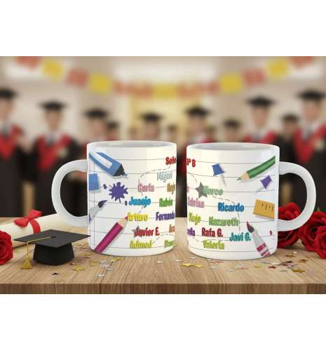 Taza personalizada escolar con nombres de alumnos