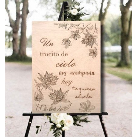 CARTEL DE MADERA UN TROCITO DE CIELO NOS ACOMPAÑA grande